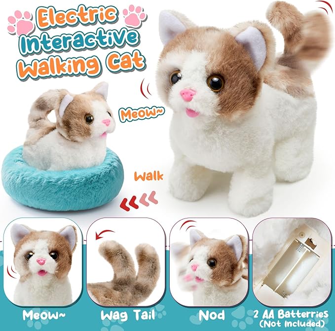 TUZT 17PCS Interactive Cat Toys for Kids, Toys for 3 4 5 6 7 8 Year Old Girls Kids Boys, Walking & Meowing Cat Toy with Sound, Veterinarian Playset for Toddlers, Idea Birthday Gifts for Little Girls