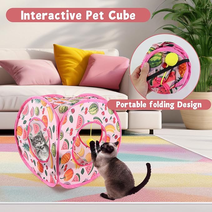 Andiker Small Cat Tents for Indoor Cats, Summer Fruit Patten 15" Foldable Cat Tube with 1 Plush Ball and 3 Holes Kitten Hide-and-Seek Toy to Relieve Boredom Also for Kitten Rabbits (Pink)