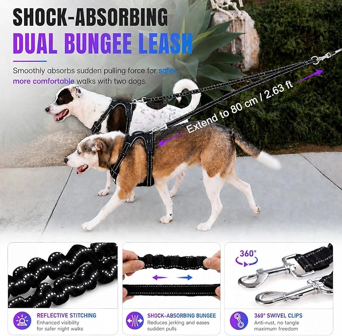 Double Retractable Dog Leash for Two Dogs Up to 50 lbs - 16 ft Coupler Leashes for Small Medium Dogs - One Locked System, Non Slip Grip, Tangle Free (Grey)