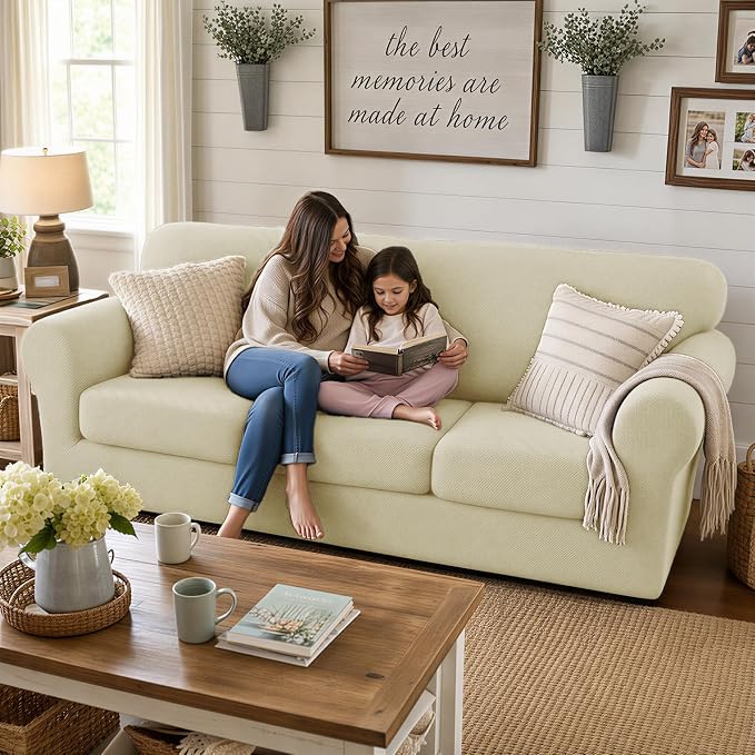 XINEAGE New 4 Pieces Extra Large Couch Covers for 3 Cushion Sofa Super Stretch Sofa Cover for 3 Large Seat Cushion Universal Slip Cover for Living Room (Light Beige), 91"-110"(3 Cushions)