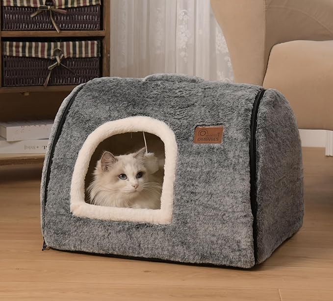 cat Bed cave-cat beds for Indoor Cats,Soft and Comfortable Cute cat House,with Removable Washable Cushioned Pillow,Enclosed pet Bed,Kitty cat hut、Hideaway,Small Large Dog Tent (Dark Grey)