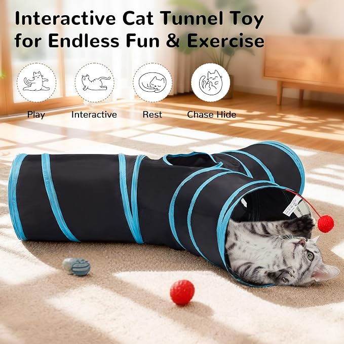 Tempcore Cat Tunnel for Indoor Cats, 3 Way Collapsible Pet Play Tunnel with Teaser Wand, Peek Holes & Hanging Ball, Interactive Tube for Kittens & Rabbits, Black & Blue Large Size
