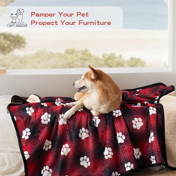 Waterproof Dog Blankets Pet Blanket 50"x60", Soft Fluffy Sofa Car Bed Protector, Reversible Sherpa Fleece Dog Blanket for Large Dogs Christmas Decor(Paw Red)
