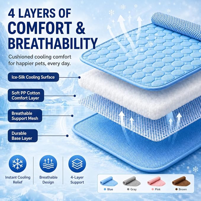 Mat for Dogs and Cats, Ice Silk Pet Cooling Mat, Washable Dog Cooling Pad with Soft PP Cotton Padding, Breathable Dog Bed Mat for Crate, Sofa, Car, Indoor Outdoor (Blue, X-Large)