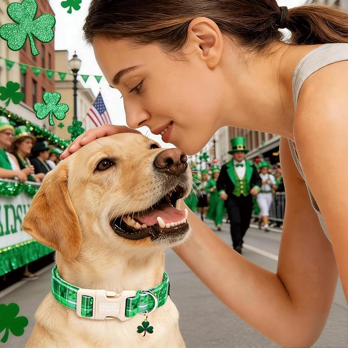 Elegant little tail St Patrick's Dog Collar - Green Plaid Cute Clover Cotton Shamrock Pet Collar Trefoil Adjustable Cotton Pet Collar with Quick Release Buckle for Small Dogs