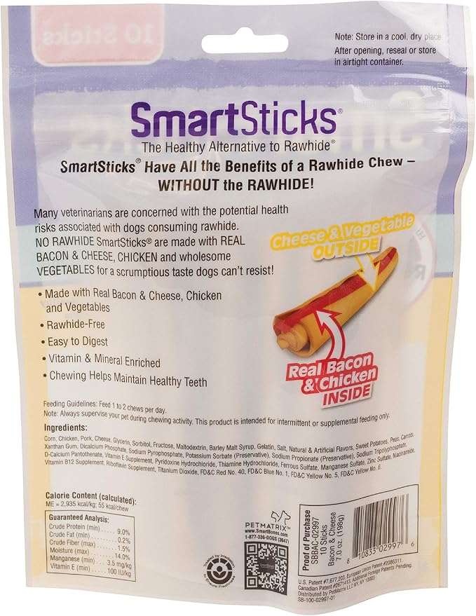 SmartBones SmartSticks, Treat Your Dog to a Rawhide-Free Chew Made With Real Bacon and Cheese, 10 count