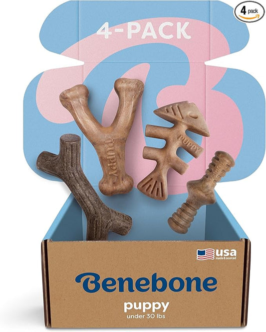 Benebone Puppy 4-Pack Durable Dog Chew Toys for Gentle Chewers, Real Bacon/Jack Salmon/Maplewood, Made in USA, Small