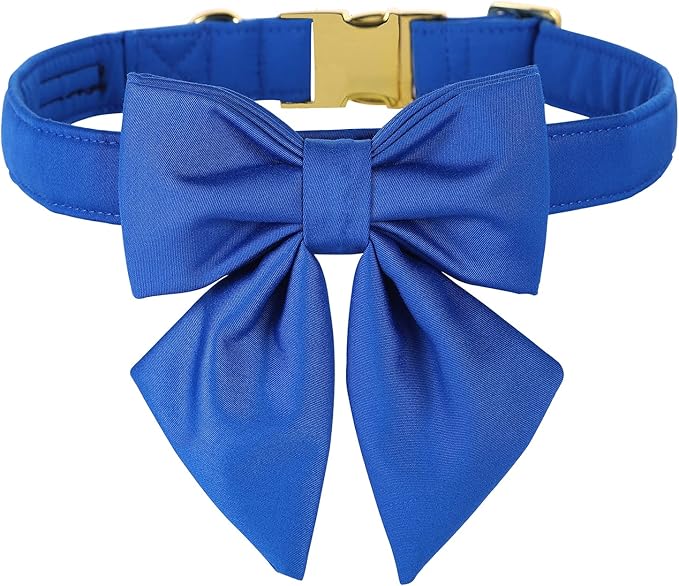 Maca Bates Klein Blue Dog Collar with Cute Solid Sailor Bow Tie for Medium Girl Boy Dogs,Adjustbale Durable Breakaway Soft Collars with Bowtie for Female Male Puppy,Pet with Metal Buckle