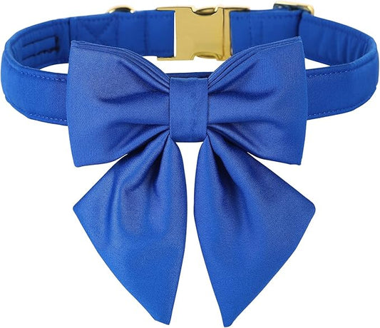 Maca Bates Klein Blue Dog Collar with Cute Solid Sailor Bow Tie for Medium Girl Boy Dogs,Adjustbale Durable Breakaway Soft Collars with Bowtie for Female Male Puppy,Pet with Metal Buckle