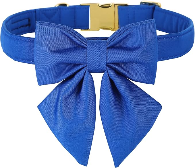 Maca Bates Klein Blue Dog Collar with Cute Solid Sailor Bow Tie for Large Girl Boy Dogs,Adjustbale Durable Breakaway Soft Collars with Bowtie for Female Male Puppy,Pet with Metal Buckle