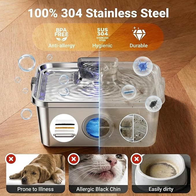 PETTEN 12L Large Dog Water Fountain for Large Dogs & Multi-Pet Homes,304 Stainless Steel 3Gal Pet Water Fountain Ultra Quiet Automatic Water Dispenser, Advanced Filtration, Easy Clean Indoor Use