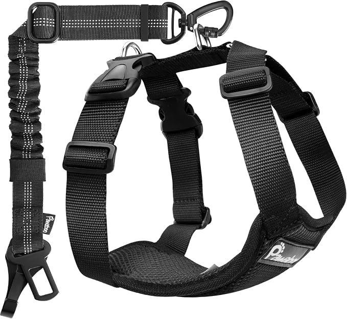Pawaboo Dog Seat Belt Harness for Car, Dog Car Harness Seatbelt with Double Clips, Adjustable Breathable Pet Vest & Dogs Safety Tether with Elastic Bungee for Small Medium Large Pet, L, Black