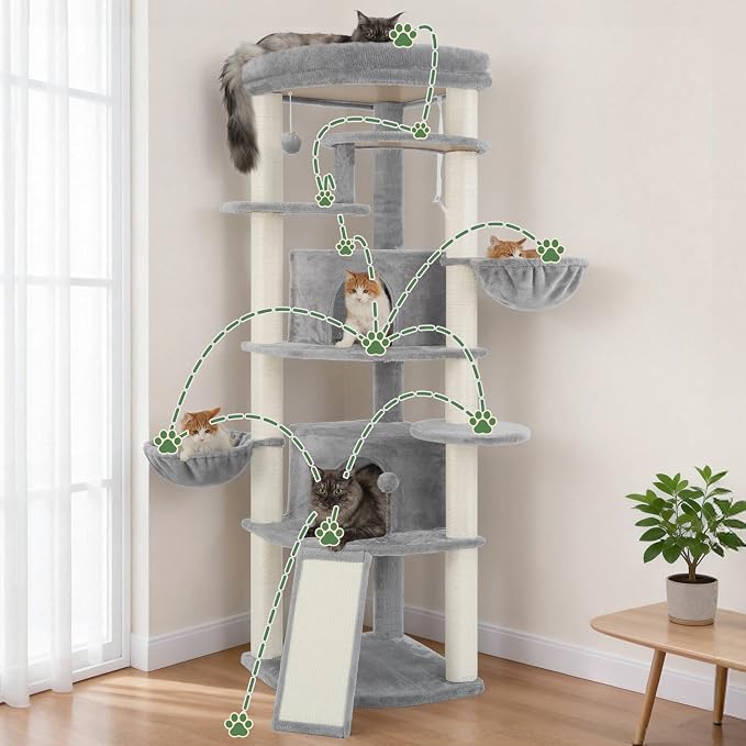 Gitelsnour Corner Cat Tree for Indoor Cats, Cat Tower with All Sisal Scratching Posts, Multi-Level Cat Condo wth 2 Large Cat Caves, Big Top Perch, 2 Hanging Baskets, Sisal Ramp, Light Gray GCT035W