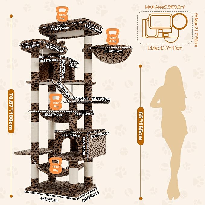 Heybly Cat Tree, 71-Inch-Tall Tower for Indoor Cats with 2 Perches, 2 Big Condos, 2 Hammocks, Basket, Scratching Pad, Large Cat Furniture and Condo, Leopard Print HCT034BW