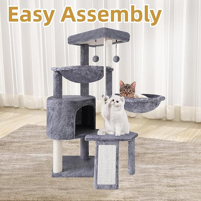 3-Tier Cat Tree with 2 Hammocks & Condo, Grey | Multi-Level Indoor Cat Tower with Natural Sisal Scratching Posts, Rope Ladder, Replaceable Hanging Balls | Sturdy Cat Furniture for Kittens & Adult Cats