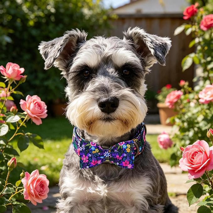 Elegant little tail Dog Collar, Pink Floral Pattern Pet Collars with Bow Girl Cotton Bowtie Collars Spring Puppy Gift Adjustable Pet Collar for Small Dogs
