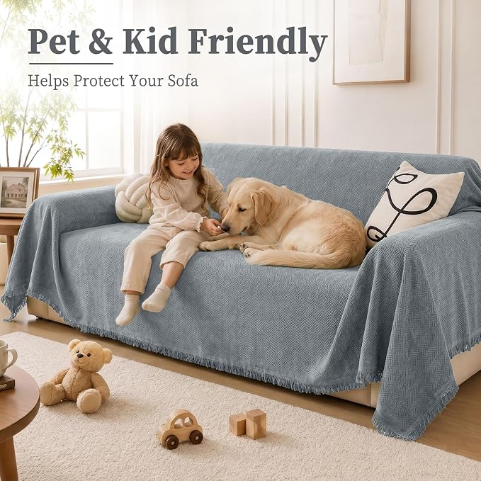 hyha Couch Cover for Dogs, Boho Sofa Covers for 3 Cushion Couch Washable, Chenille Sofa Slipcover for Pets, Soft Loveseat Sectional Couch Throw Blankets with Tassels (Grey, 71x118 Inch)