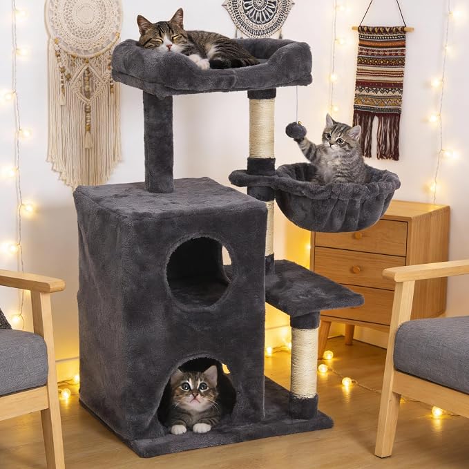 Multi-Level Cat Tree Tower for Large Cats with Scratching Posts, Condos, Perch, Hammocks & Toys, Cat Jungle Gym for Indoor Cats, Ideal for Multi-Cat Households, Dark Grey