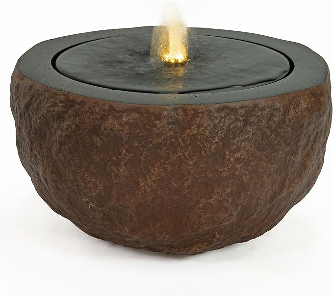 Sunnydaze Outdoor Water Fountain with LED Light - Polystone Round Bowl Bubbler Water Feature with Pump - 9.5" H - for Patio, Garden, Deck, Relaxation and Stress Relief - Brown