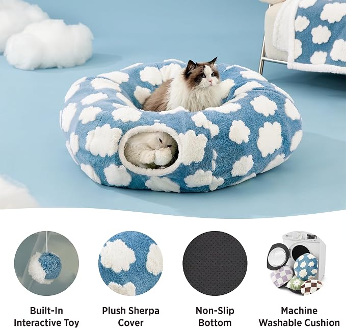 Lesure Cat Tunnel Bed for Indoor Cats - Cute Cat Donut Tunnel Toys for Small Large Cats with Washable Circle Cushion, Round Pet Peekaboo Cave Toy for Kitten/Puppy/Rabbit, Standard Cozy Clouds Blue