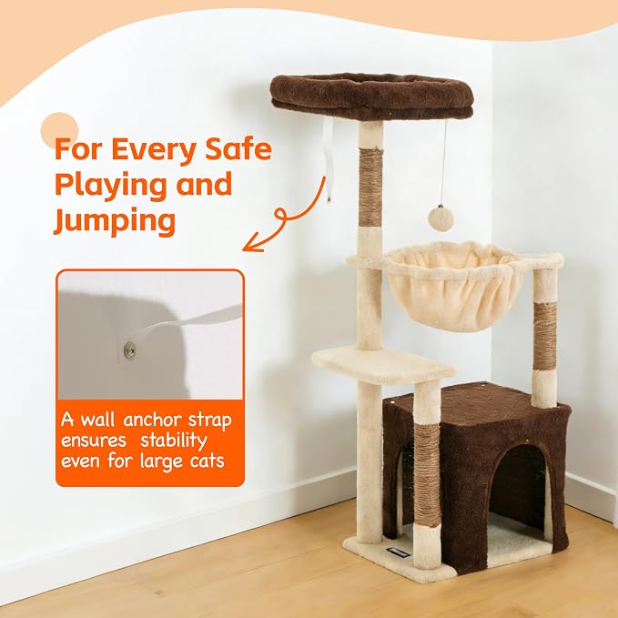 Cat Tree for Indoor Cats, 39.8-inch Cat Tower with 2 Plush Perches for Play & Rest, 1 Cozy Hideaway, Dangling Toy & Full Sisal Scratching Posts for Small Cats, Brown