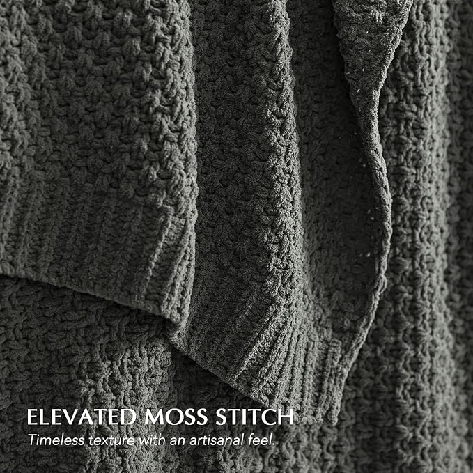 EVERGRACEHOME Chunky Polyester Knit Throw Blanket for Couch, Soft Luxurious Oversized King Moss Stitch Blanket for Bed, Large Cozy Farmhouse Knitted Throw for Sofa, Charcoal Gray, 108" x 92"