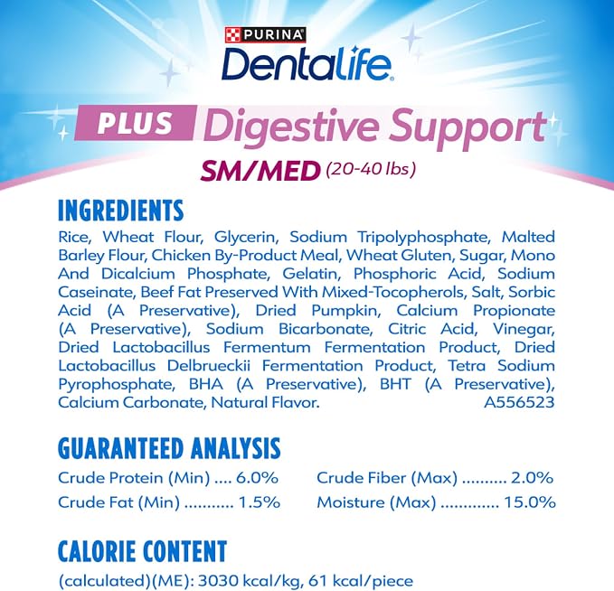 Dentalife Plus Digestive Support Dog Treats for Small and Medium Dogs, Cleans Teeth, Freshens Breath, & Supports Healthy Gut, Chicken & Pumpkin Flavor, 14.4 oz., 19 Chews - 19 ct. Pouch, (Pack of 2)