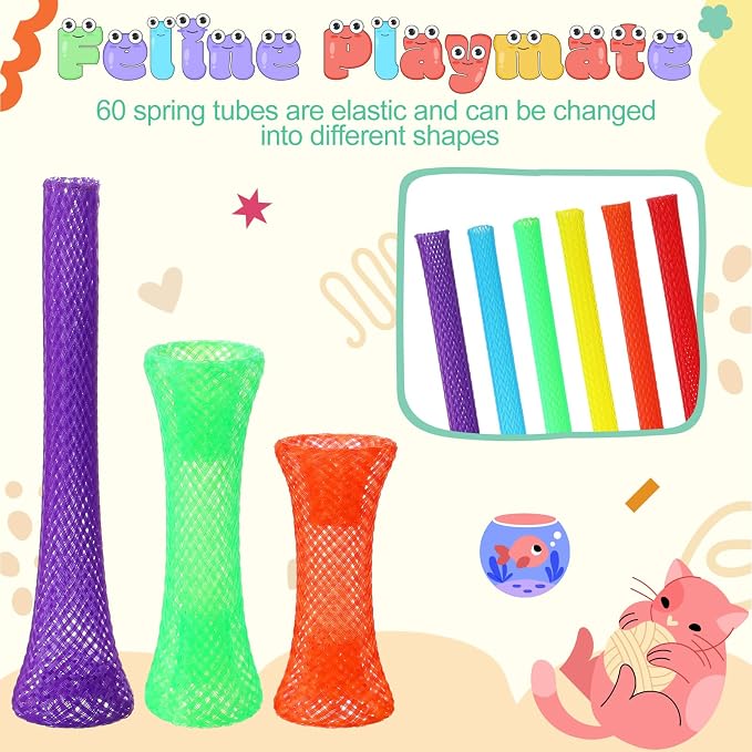 Leitee 60 Pcs Cat Spring Toys Kitten Tubes Indoor Interactive Chinese Finger Trap Cat Toys Plastic Coil for Pet Hunt Scratch(Rainbow Colors)