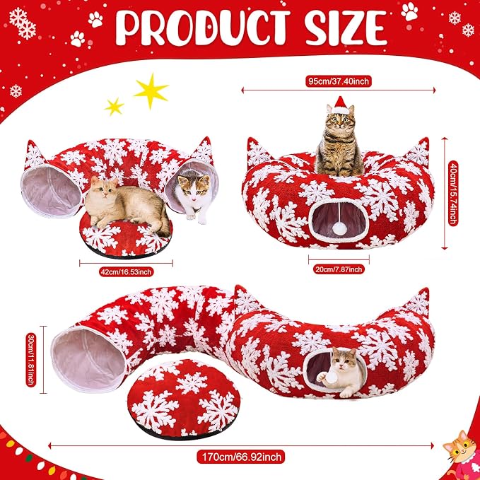 OurWarm Large Cat Tunnel Bed for Indoor Cats with 11 Toys, Round Donut Cat Cave Under Christmas Tree Skirt, Red Snowflake Christmas Cats Tunnel with Soft Mat Xmas Decor for Kitten, Rabbit, Puppy Play