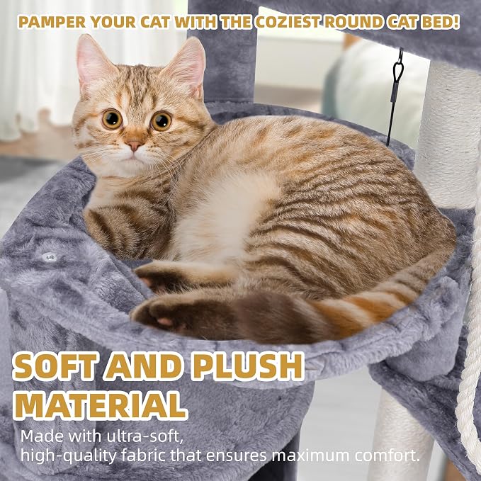 3-Tier Cat Tree with 2 Hammocks & Condo, Grey | Multi-Level Indoor Cat Tower with Natural Sisal Scratching Posts, Rope Ladder, Replaceable Hanging Balls | Sturdy Cat Furniture for Kittens & Adult Cats