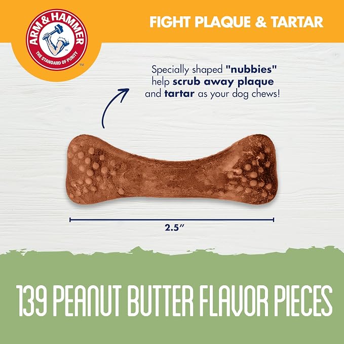 Arm & Hammer for Pets Nubbies Dental Treats Value Size Baking Soda Calcium Helps Scrub Plaque Tartar Peanut Butter Flavor Daily Oral Care 139 Count 52.8 OZ Value Bucket Dogs and Puppies Daily