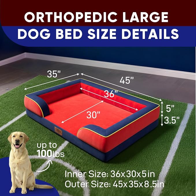 Comfort Expression Orthopedic Dog Bed for Extra Large Dogs 45x35 Inch, Waterproof Egg Crate Foam XL Pet Bed with Bolsters, Dog Couch with Washable Cover & Non-Slip Bottom, Kansas