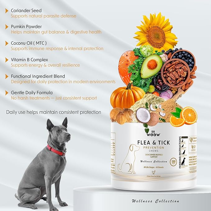 Dog Flea & Tick Prevention Chews – Daily Defense Supplement for Parasites, Gut & Immune Support – Natural Formula Soft Chews – Made in USA – Dr. Woow (120 Ct)