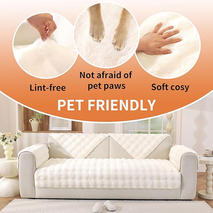 Waterproof Dog Bed Cover Non Slip Couch Covers for Dogs Washable Soft Faux Fur Sofa Cover Couch Covers for 3 Cushion Couch Sofa Pet Friendly (Off White)