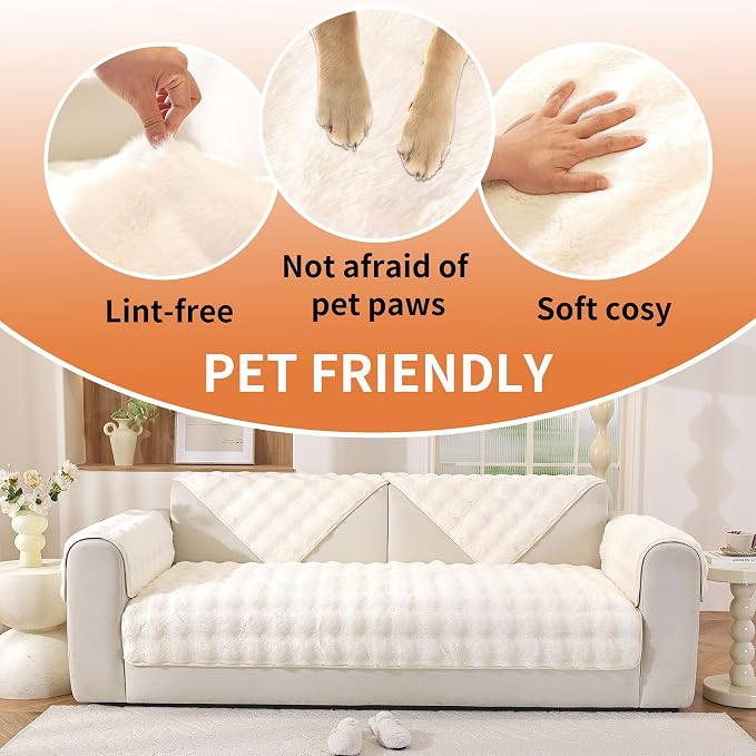 Waterproof Dog Bed Cover Non Slip Couch Covers for Dogs Washable Soft Faux Fur Sofa Cover Couch Covers for 3 Cushion Couch Sofa Pet Friendly (Off White, 24" x 24" 2 Pack)