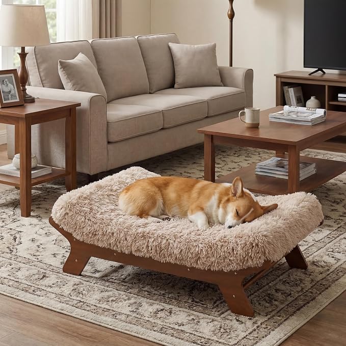 Muihood Wood Elevated Dog Bed Frame and Egg Crate Foam Mattress, Luxurious Suitable for Pets Up to 60 lbs, Walnut Grain Pattern, M