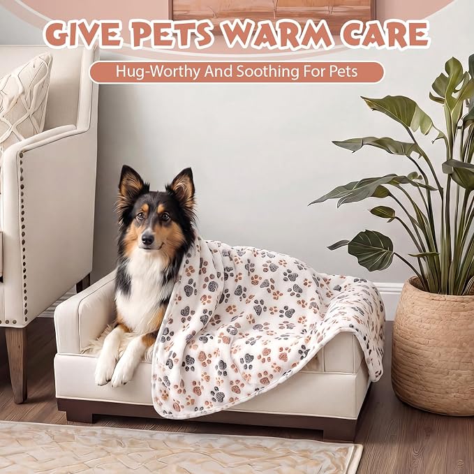 Tegeme 12 Pcs Pet Blankets 41 x 30 Inch Soft Fluffy Fleece Dog Cat Warm Paw Print Pattern Blankets Flannel Throw for Pets Dog Puppy Cat(White, Gray)