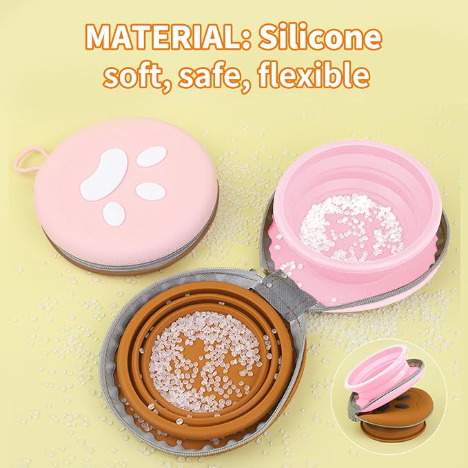Collapsible Dog Bowls, 2-in-1 Pet Portable Travel Double Bowl Water Food Feeder Traveling Camping & Walking 25oz Brown Pink
