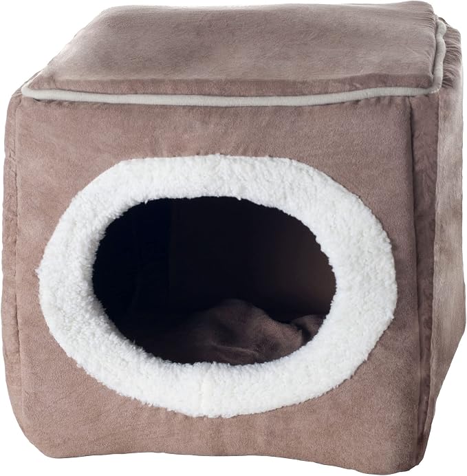 Cat House - Indoor Bed with Removable Foam Cushion - Cat Cave for Puppies, Rabbits, Guinea Pigs, and Other Small Animals by PETMAKER (Light Brown) (Pack of 2)