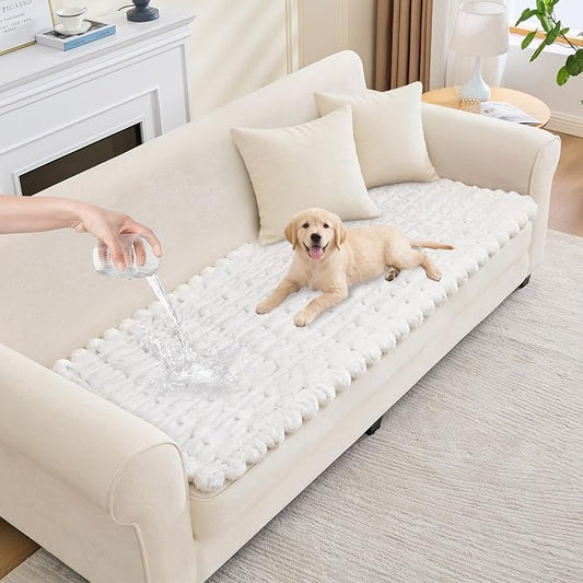 Waterproof Dog Couch Cover, Non Slip Pet Sofa Protector, Thick Fuzzy Couch Cover for Dogs, Machine Washable Furniture Protector, Scratch Resistant Pet Couch Mat(White, 28" x 71"/70 x 180cm)