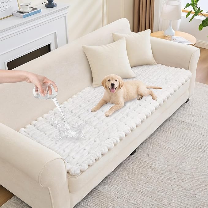 Waterproof Dog Couch Cover, Non Slip Pet Sofa Protector, Thick Fuzzy Couch Cover for Dogs, Machine Washable Furniture Protector, Scratch Resistant Pet Couch Mat(White, 28" x 59"/70 x 150cm)