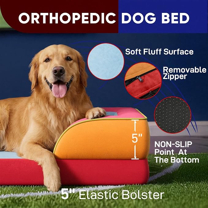Comfort Expression Orthopedic Dog Bed for Large Dogs 36x27 Inch, Waterproof Egg Crate Foam Large Pet Bed with Bolsters, Dog Couch with Washable Cover & Non-Slip Bottom, Miami