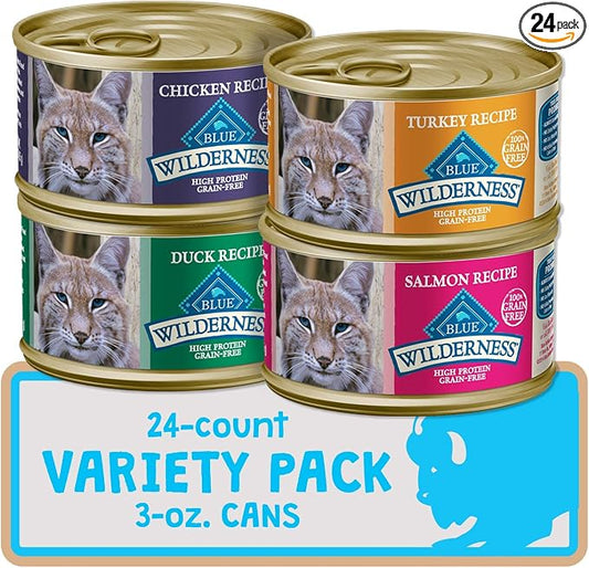 Blue Buffalo Wilderness High Protein Grain Free, Natural Adult Pate Wet Cat Food Variety Pack, Chicken, Salmon, Duck, and Turkey, 3-oz Can, 24 Count