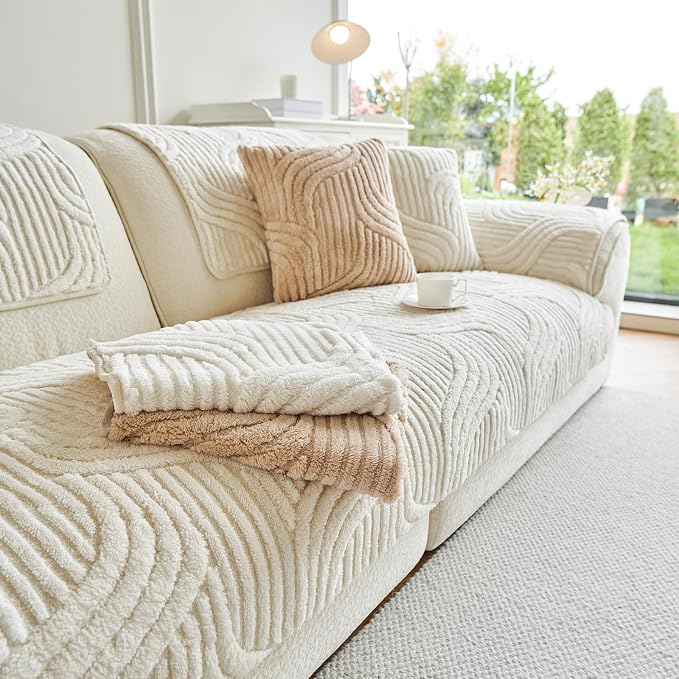 OTOB Sofa Covers Dog Couch Cover Washable, Fuzzy Plush Sofa Slipcovers Furniture Protector, Non Slip Pet Couch Covers for 3 Cushion Couch Sofa, All Seasons, 1 Piece (Cream, 35.4"x82.7")
