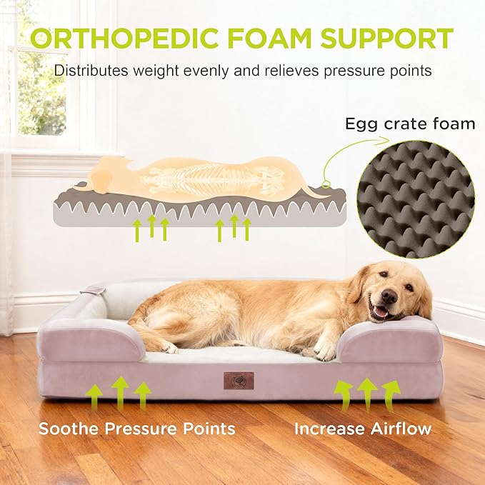 Orthopedic Dog Bed for Extra Large Dogs, XXL Waterproof Egg Crate Memory Foam Pet Bed Bolsters with Removable Washable Cover & Non-Slip Bottom, Tennis Ball Toy, 45 x 35