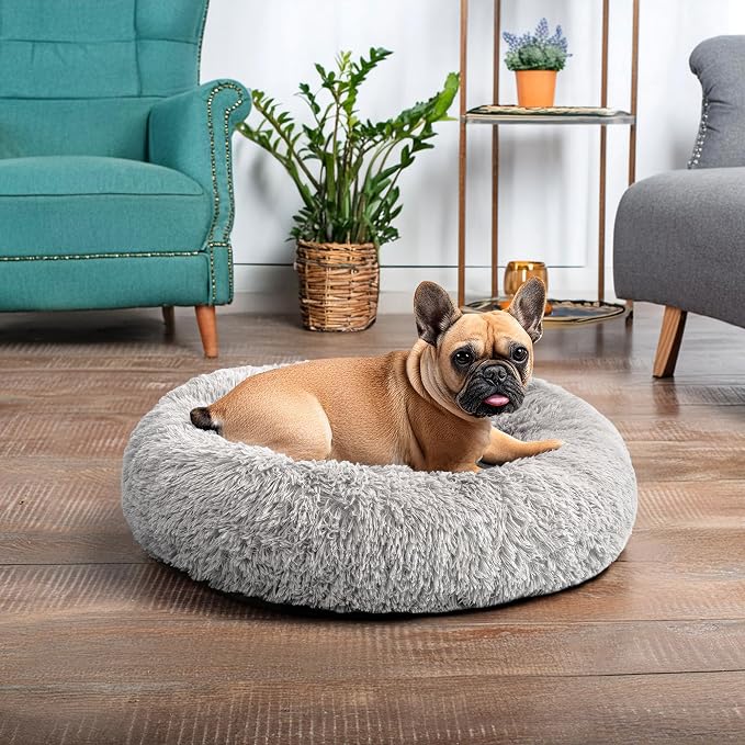 PetAmi Calming Dog Bed for Small & Medium Dogs, Cats & Puppy, Warming Round Donut Cuddler Bed, Anti-Anxiety Fluffy Shaggy Faux Fur Pet Bed, Machine Washable, Non-Slip Bottom, 23 Inch - Light Gray
