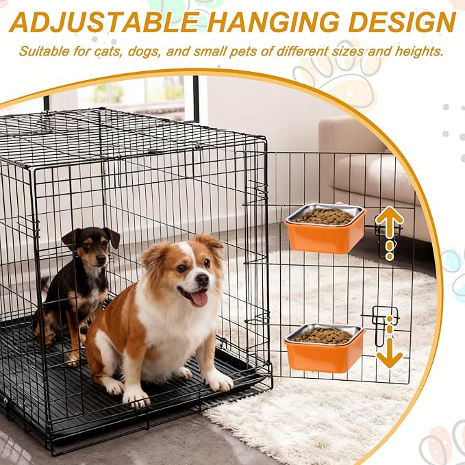 Crate Dog Bowl, Removable Stainless Steel Pet Cage Hanging Anti-Overturn Food Water Feeder Cage Cup (Square, Green, 11.1oz), Intended for Puppies/Cat/Rabbit/Bird