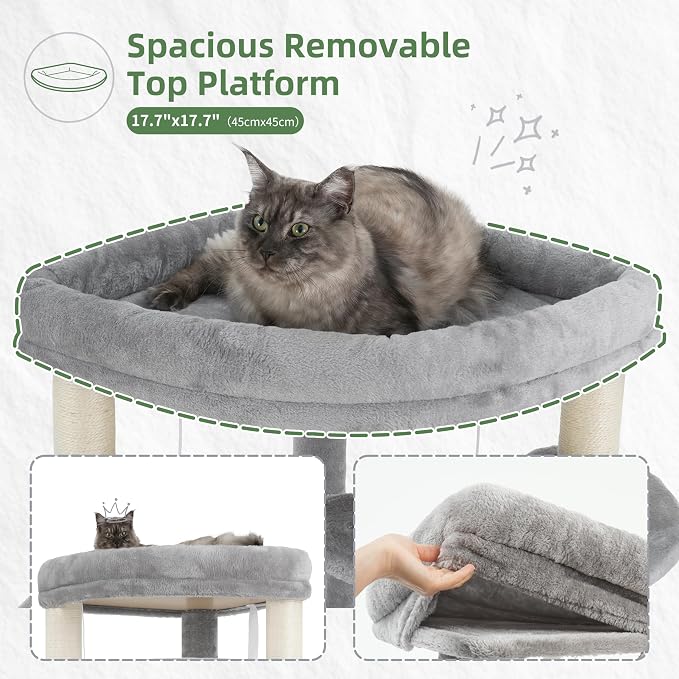 Gitelsnour Corner Cat Tree for Indoor Cats, Cat Tower with All Sisal Scratching Posts, Multi-Level Cat Condo wth 2 Large Cat Caves, Big Top Perch, 2 Hanging Baskets, Sisal Ramp, Light Gray GCT035W
