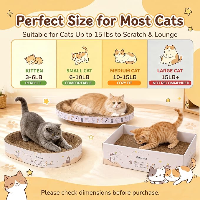 PatiencET 3-in-1 Cat Scratcher Cardboard Set for Indoor Cats, Cat Lounge Box with Wide & Slim Oval Cat Beds, Corrugated Cat Scratching Board for Furniture Protection, Rest & Play