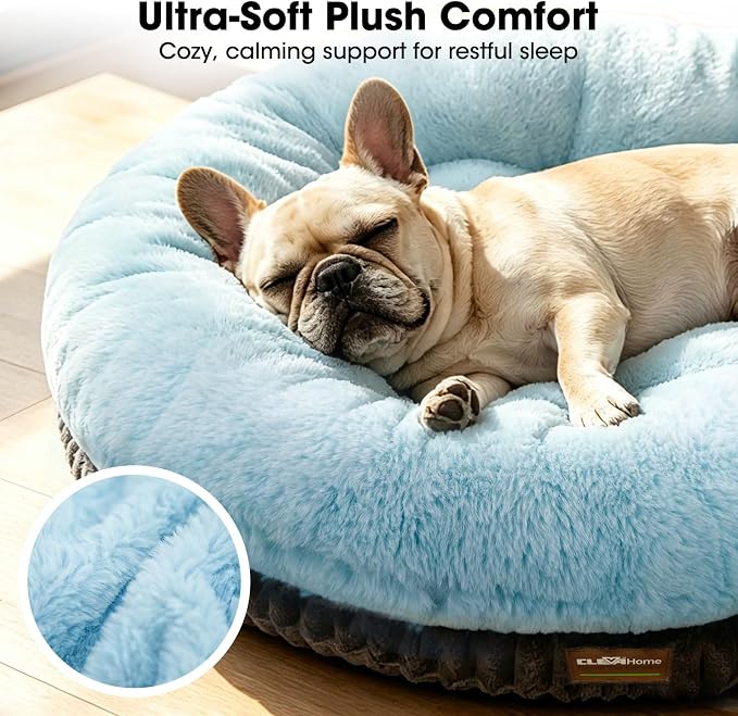 ClevaHome Orthopedic Dog Bed for Large Medium Dogs, 42 inches Round Double-Layer Plush Dog Bed, Removable Washable Cover, Anti-Slip Bottom, Ice Blue